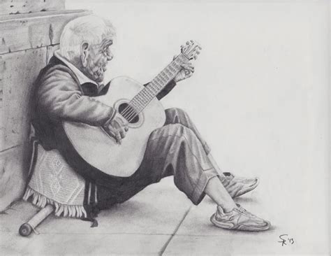Any person can take guitar lessons, even beginner guitar lessons. Pencil sketch of an Awesome old man hobo playing guitar.