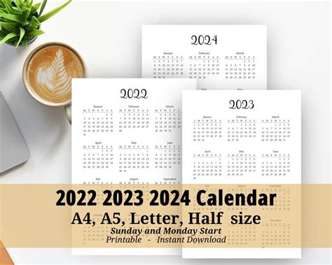 2022 2023 2024 Printable Calendar Pdf Printable Yearly Etsy