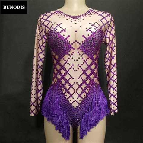Buy Bu253 Purple Tassel Women Sexy Bodysuit Full Sparkling Crystals Costumes