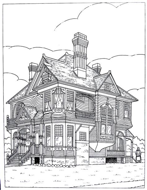 Victorian House Printable Coloring Book Page An Queen Anne Style House