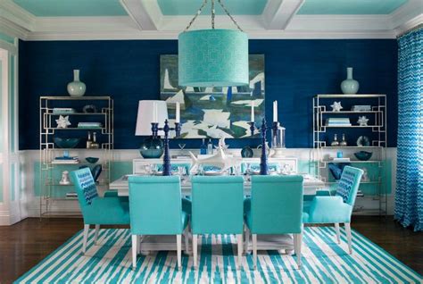 Turquoise Dining Room With Navy Turquoise Pendant Beach House Dining