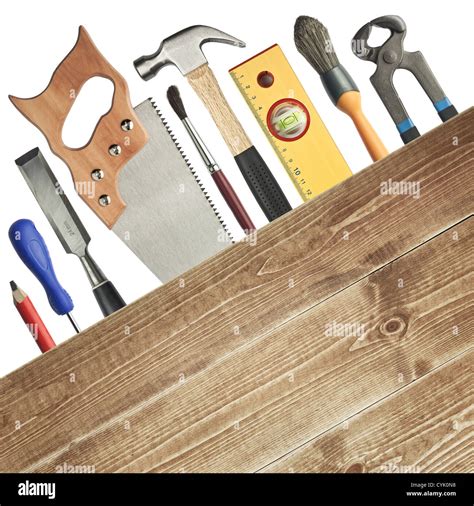 Carpentry Background Tools Underneath The Wood Plank Stock Photo Alamy