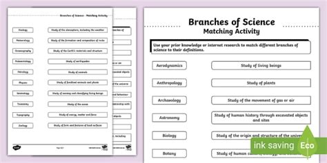Branches Of Science Matching Activity Worksheet Twinkl
