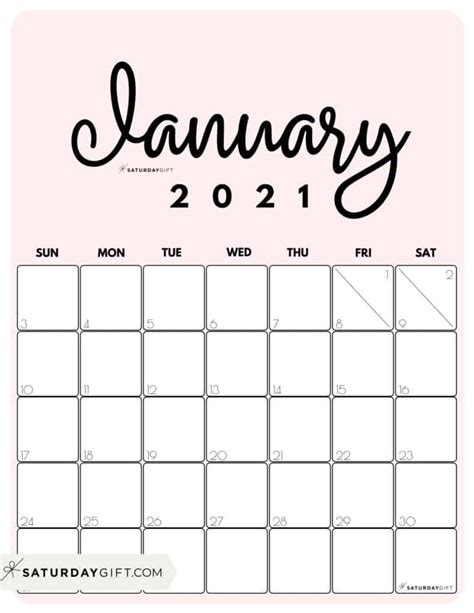 Cute And Free Printable January 2021 Calendar Saturdayt