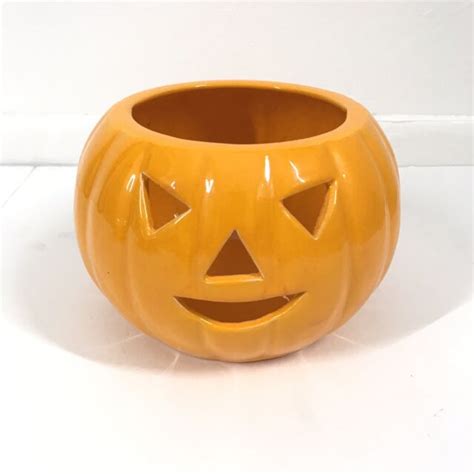 Vintage Halloween Pumpkin Jack O Lantern Ceramic Candle Holder Candy