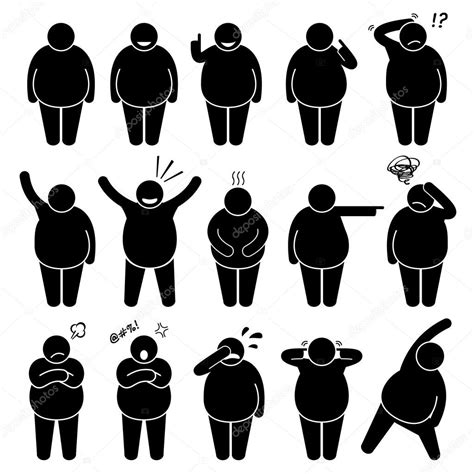 fat stick figures fat man action poses postures stick figure pictogram icons — stock vector