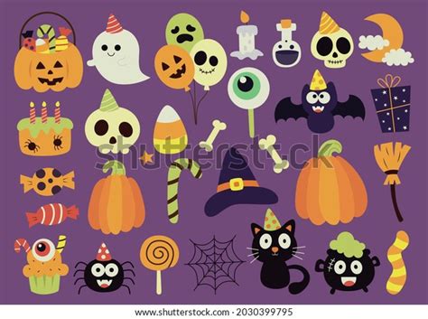 Cute Halloween Party On Purple Background Stock Vector Royalty Free 2030399795 Shutterstock