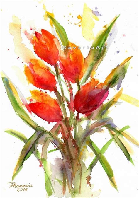 Red Tulip Watercolor Painting Flower Plant As Pdf  Digital Etsy