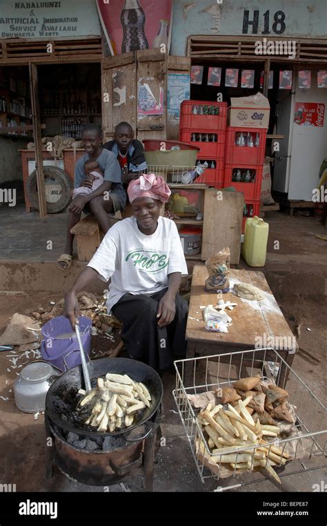 Uganda Woman Frying Cassava Nakifuma Village Mukono District Photo