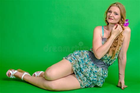 Beautiful Romantic Girl Blonde In Summer Dress With Orchid Flower Stock Photo Image Of Model