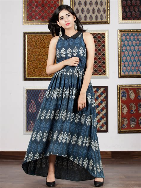 Indigo Blue White Hand Block Printed Cotton Asymmetric Dress With Shir