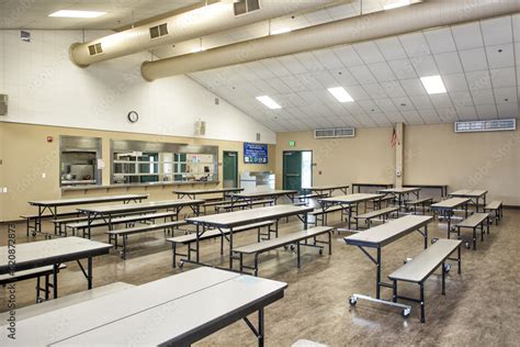 Empty School Cafeteria Due To Covid 19 Pandemic Shutdown Empty Tables