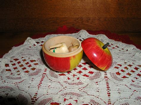 Apple Red Wooden Apple W/Tea Set Inside Vintage
