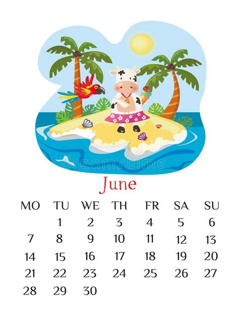 June Calendar Page 2021 With Bull On The Desert Island Summer Outdoor