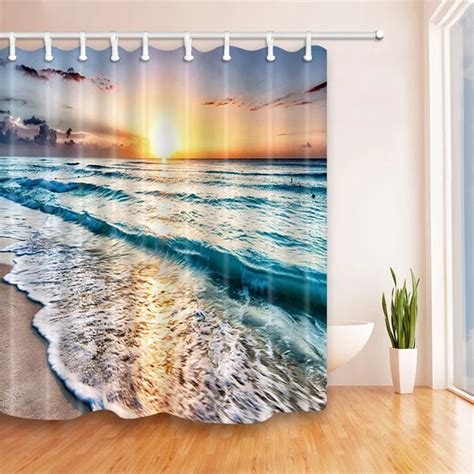 Ocean Nautical Coastal Beach Sunset Bathroom Fabric Shower Curtain Set