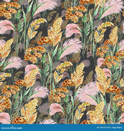 Watercolor Meadow Flowers Seamless Pattern On Gray Background Stock