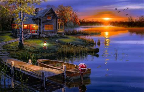 Download Sunset Pier Boat House Lake Man Made Cabin Hd Wallpaper