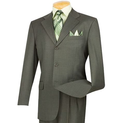 Vinci Mens Olive Windowpane Plaid 3 Button Classic Fit Suit W Notch