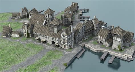 Medieval Port 3d Fantasy City Map Buildings Artwork Fantasy Town