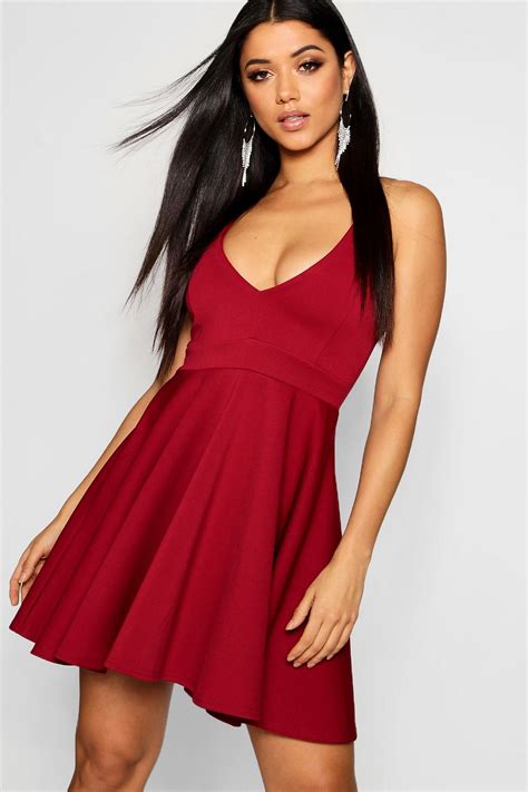 Strappy Plunge Neck Skater Dress Boohoo High Low Skater Dress