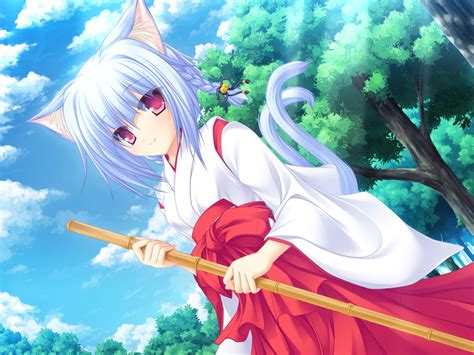 Female Anime Fox Wearing White And Red Kimuno Near Green Tree Digital