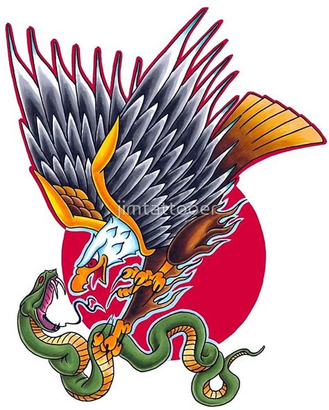 Traditional Tattoo Eagle Snake And Rising Sun Flash Design Poster By
