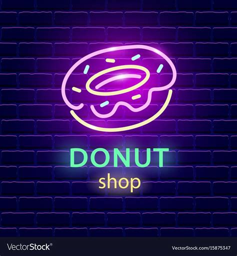 Donut Shop Neon Logo Sign On Dark Brick Wall Background Light Banner