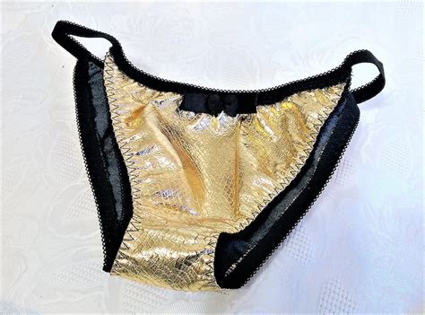 String Panty Shiny Textured Goldblack Strings Romance Or Etsy