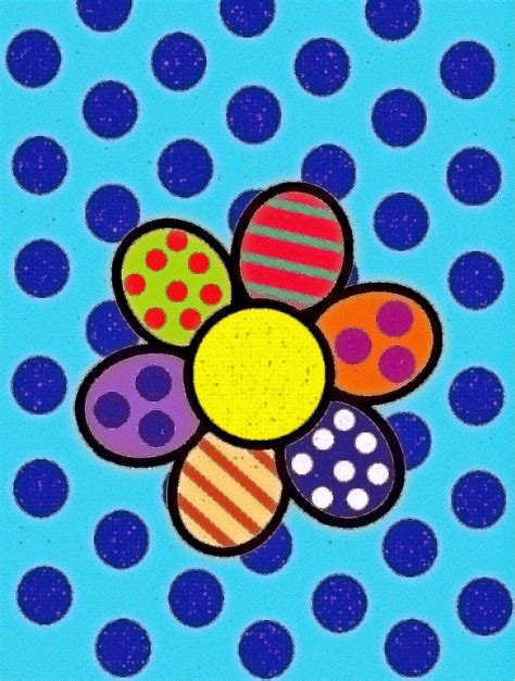 An Abstract Painting With Polka Dots And Flowers On Blue Background