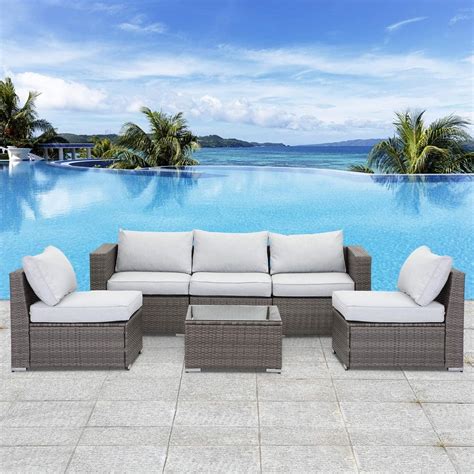 6pcs Patio Furniture Set All Weather Wicker Outdoor Sectional Rattan