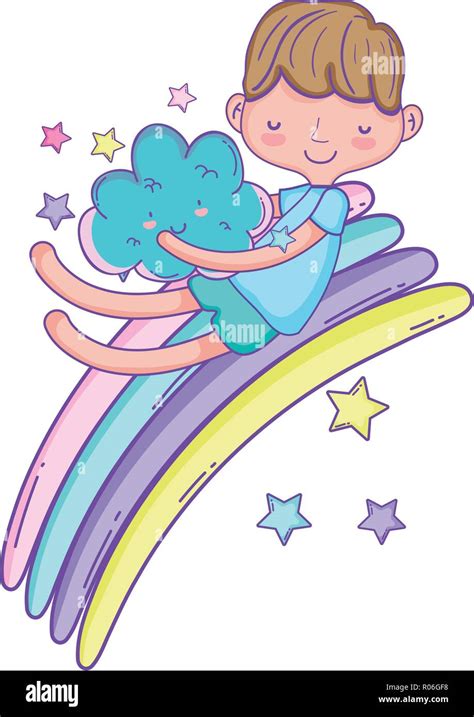 Cute Boy Dreaming On Clouds And Rainbow Cartoons Vector Illustration