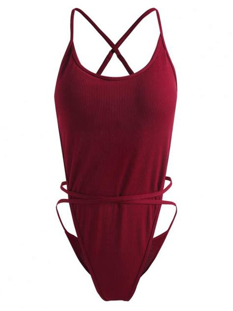 15 Off 2021 Cross Strap Knit Backless Swimsuit In Red Wine Zaful