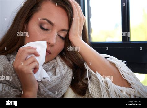 Flu Closeup Image Of Frustrated Sick Woman Stock Photo Alamy
