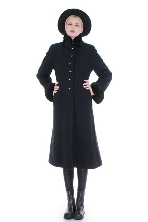 Vintage Black Wool And Fur Princess Swing Coat Gothic Glamour Size M In
