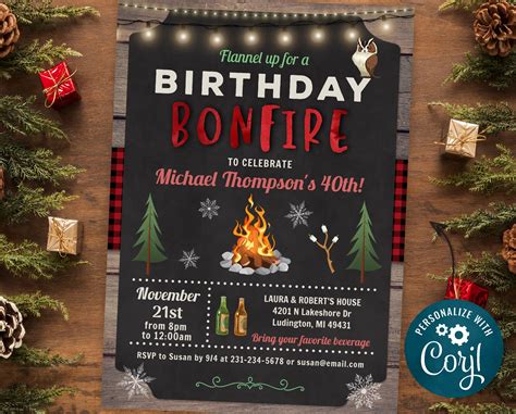 Rustic Backyard Bonfire Birthday Invitation Campfire Birthday Party
