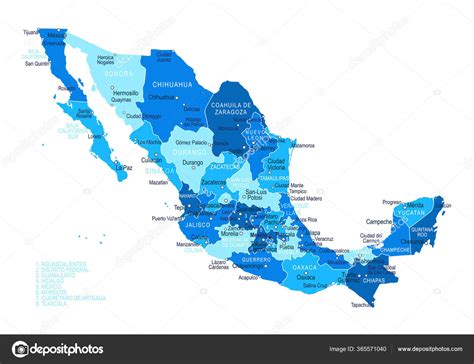 México Mapa Ciudades Regiones Ilustración Vectorial — Vector De Stock