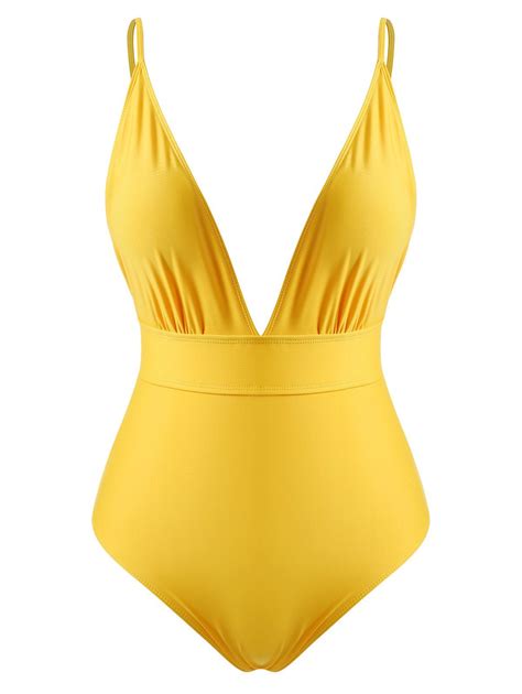 [31 Off] 2021 Plus Size Plunging Backless One Piece Swimsuit In Yellow
