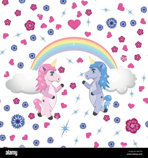 Two Unicorns Under The Rainbow On A White Background With Flowers And