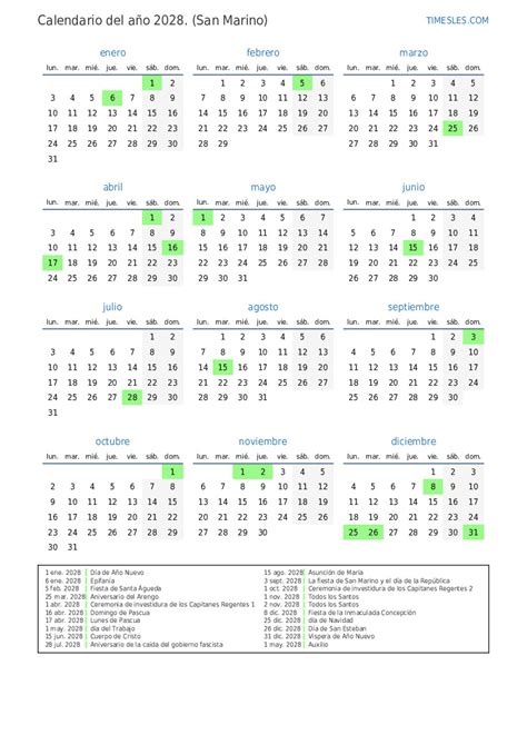 Calendario 2028 Con Días Festivos En San Marino Imprimir Y Descargar