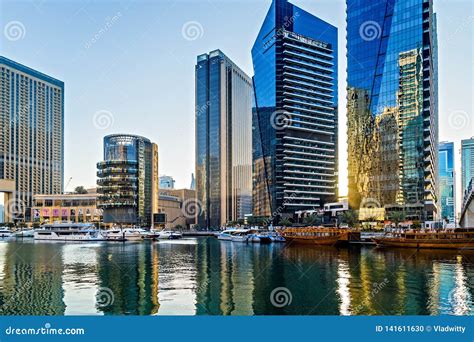 Panoramic View Skyscrapers And Water Pier Of Dubai Marina Editorial