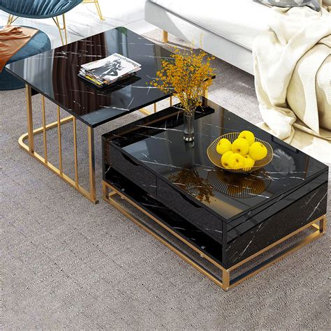 Modern Nesting Coffee Table Set Of 2 In Black With Drawers And Shelves Homary