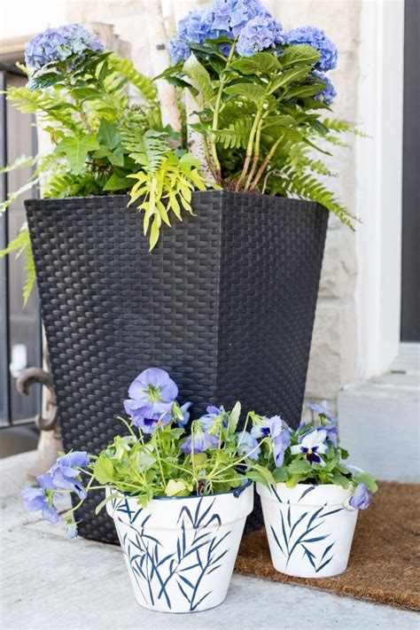 two planters with blue flowers are sitting on the front porch, next to