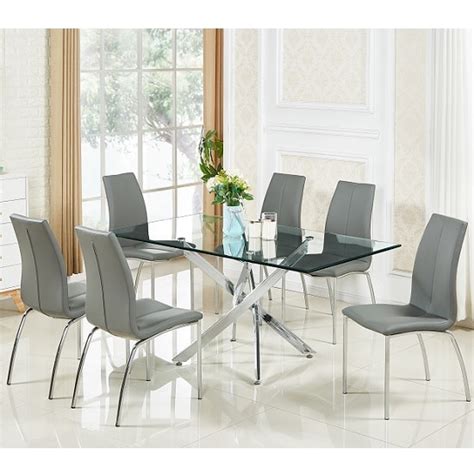 Rectangular glass dinning table with marble stand. Daytona Glass Dining Table In Clear With 6 Opal Grey ...