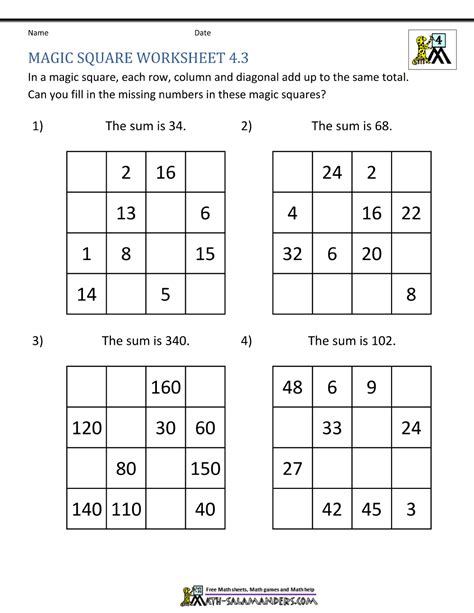 Magic Square Worksheet 4th Grade Magic Square Worksheets 4 3 1000×