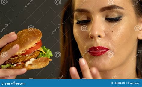 Woman Eating Hamburger Girl Bite Of Very Big Burger Stock Footage Video Of Beautiful Hungry