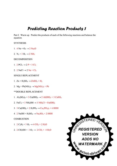 Predicting Products Of Chemical Reactions Worksheet Answer K