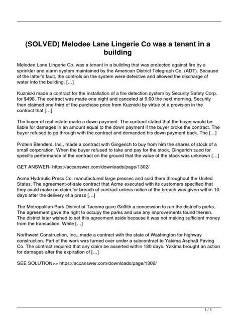 Solved Melodee Lane Lingerie Co Was A Tenant In A Building Pdf Contract Law Business Law