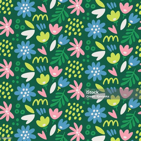 Seamless Cute Vector Floral Pattern With Flowers Plants Branches Leaves