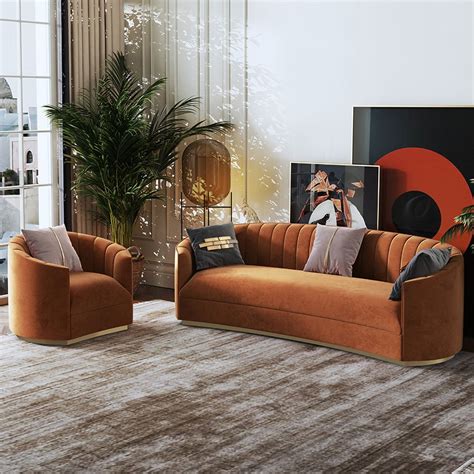 Mm Curved Sofa Orange Velvet Upholstery Modern Couch Floor Sofa In Large