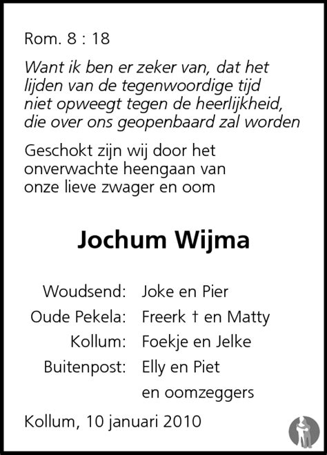 Jacob Jaap Wijma 07 01 2010 Overlijdensbericht En Condoleances
